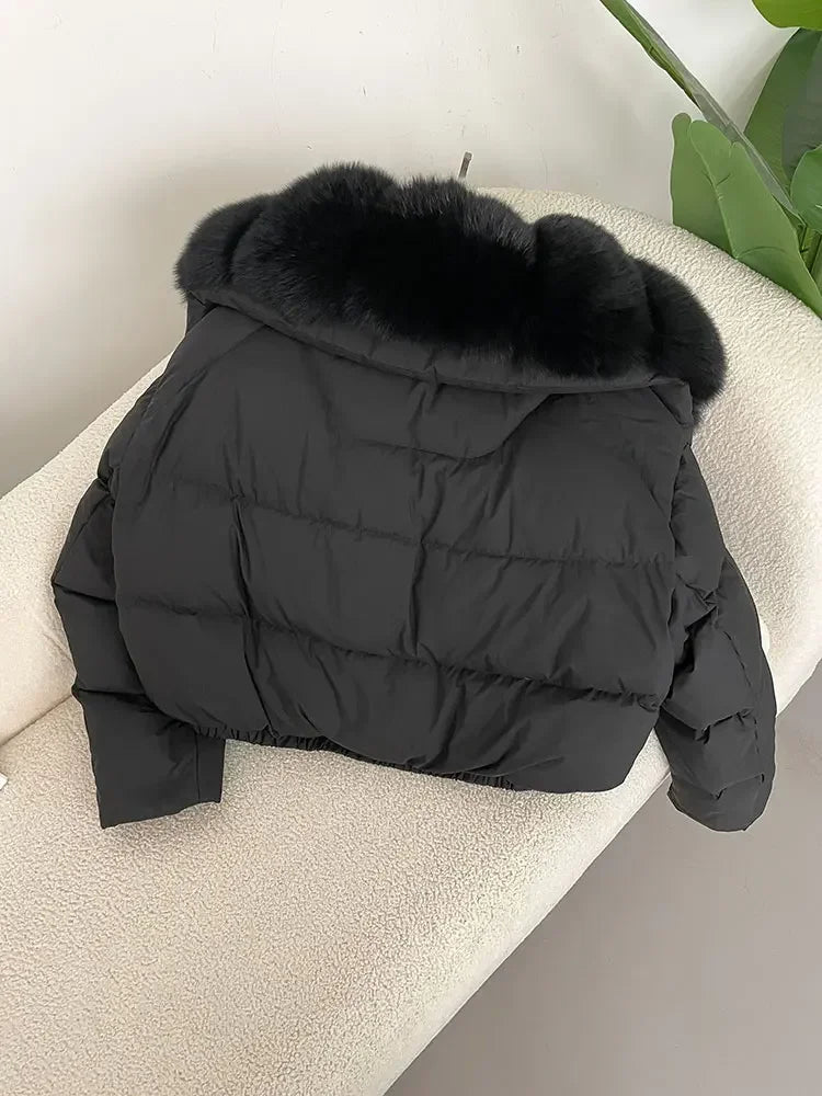 cropped duck down winter coat with real fox fur