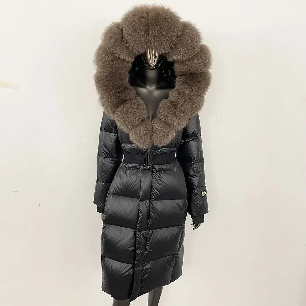 long coat with fox fur hood and belted waist