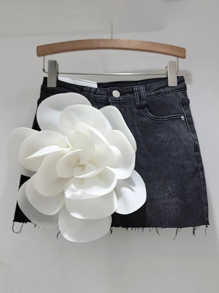 3D flower mini denim skirt