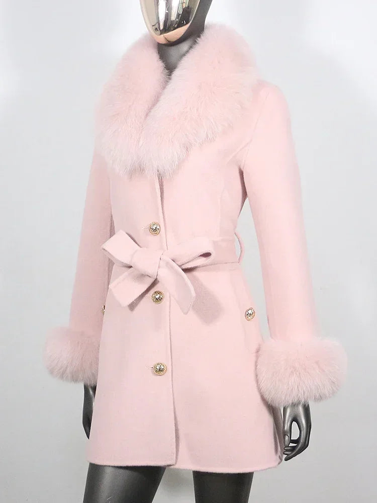 Long Winter Jacket Women Cuffs Belt Cashmere Real Fur Coat Natural Fox Fur Collar