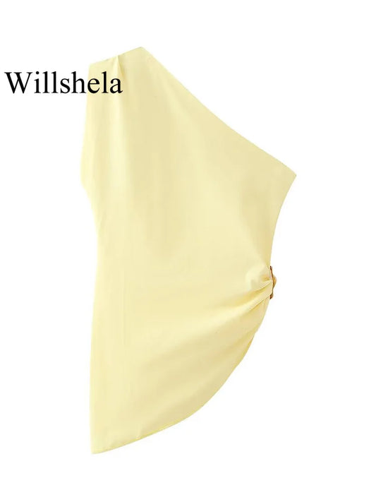 Yellow Pleated Bandage Asymmetrical Tops