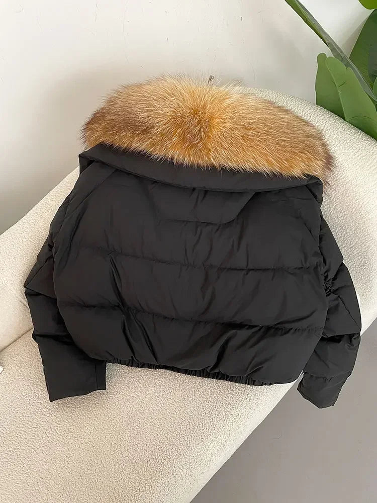 cropped duck down winter coat with real fox fur