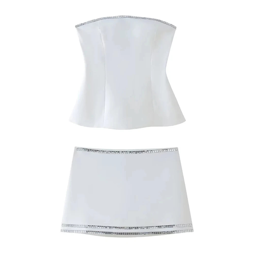 Sleeveless white and silver Short Top Mini Short Skirt