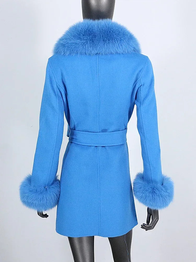 Long Winter Jacket Women Cuffs Belt Cashmere Real Fur Coat Natural Fox Fur Collar