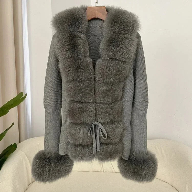 Real fox Fur Cardigan Detachable Collar