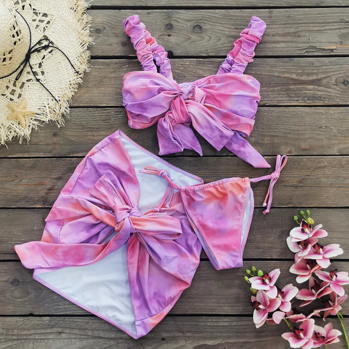 Colorful 3 Pcs Set Bikini With Skirt Women