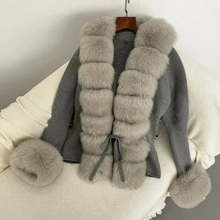 Real fox Fur Cardigan Detachable Collar