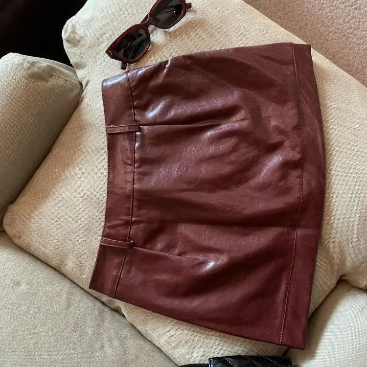 Black and wine red leather skirt