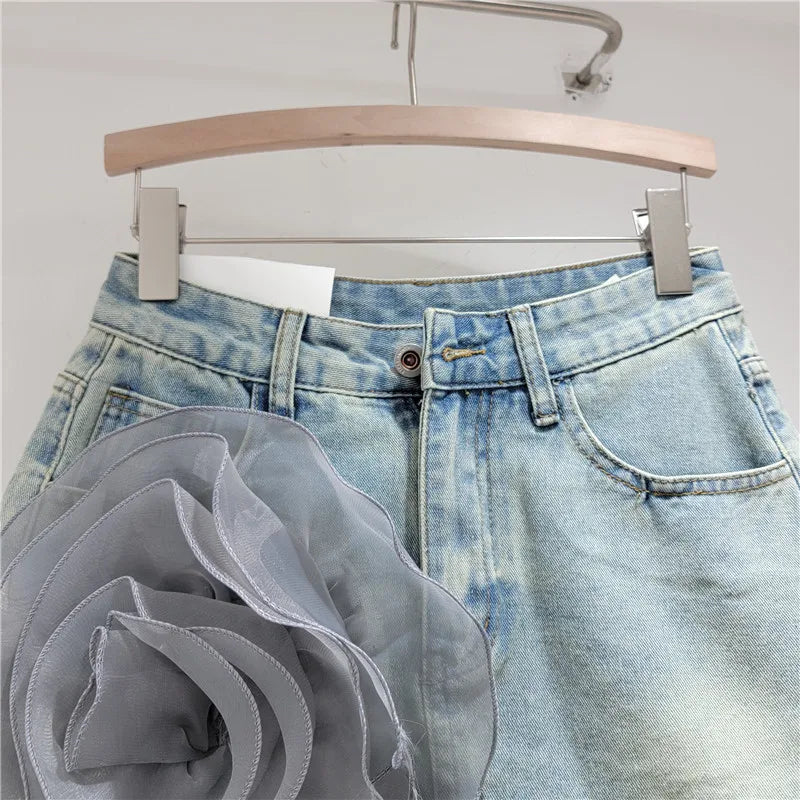 3D Flower Floral Denim Skirt