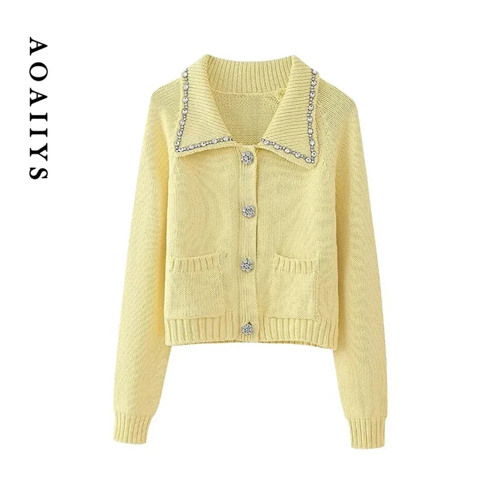 Knitted Cardigans for Women Sweater Yellow Diamonds Long Sleeve