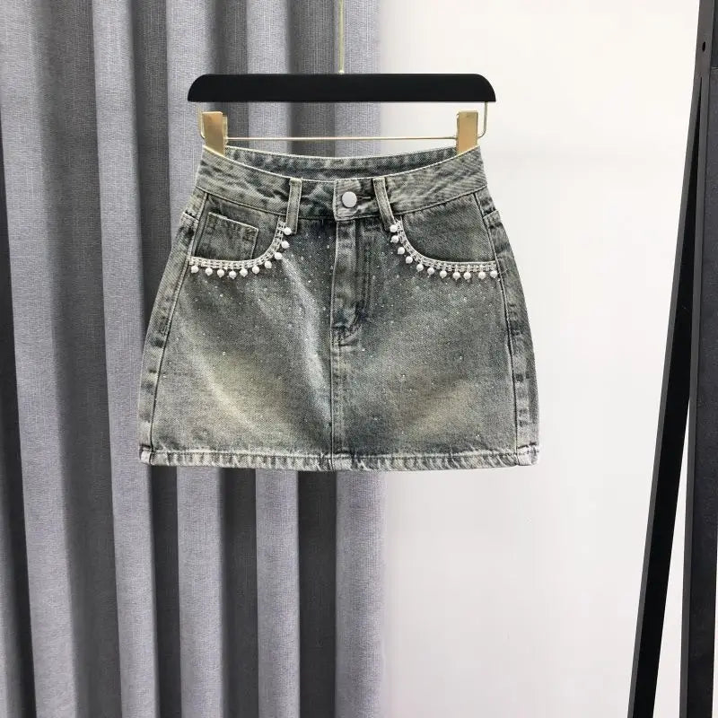 diamond studded denim short skirt