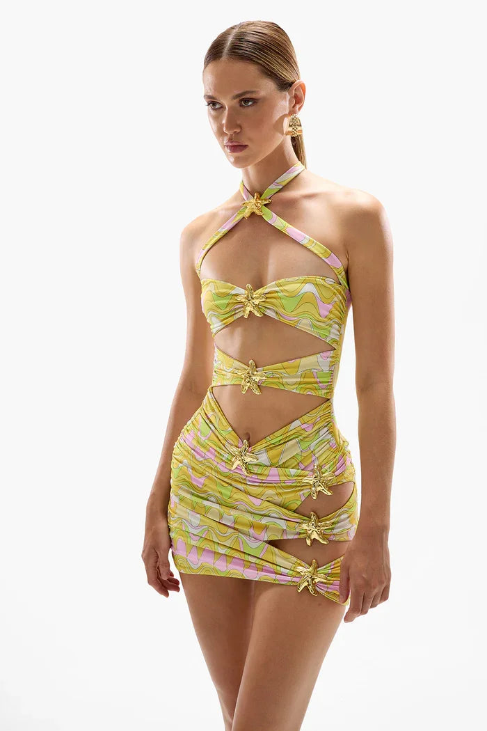 cut out star fish swimsuit with matching sarong and cover up