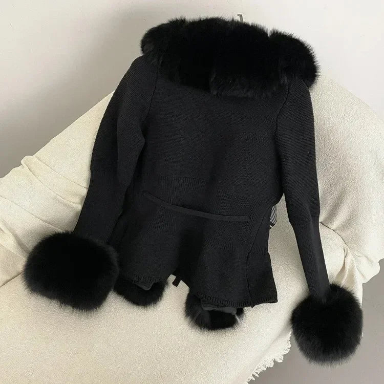 Real fox Fur Cardigan Detachable Collar