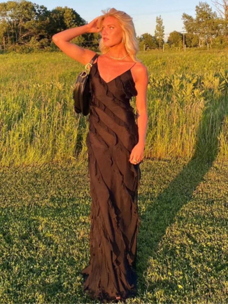 V Neck Ruffle Long Dresses Split Bodycon maxi dress