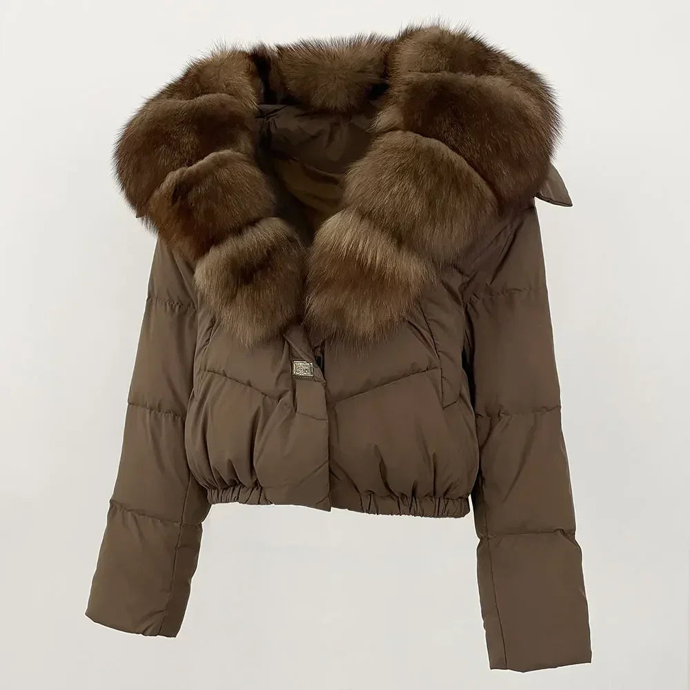 cropped duck down winter coat with real fox fur