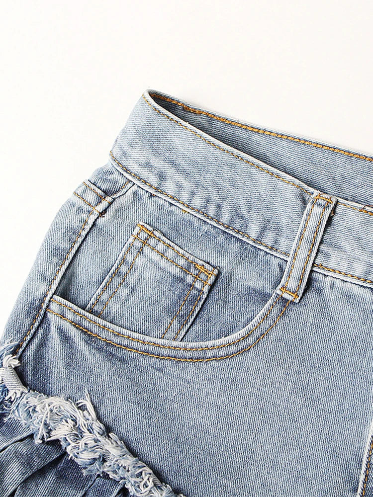 Solid Patchwork Folds Denim Short