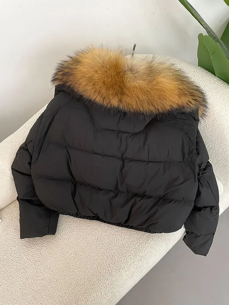 cropped duck down winter coat with real fox fur