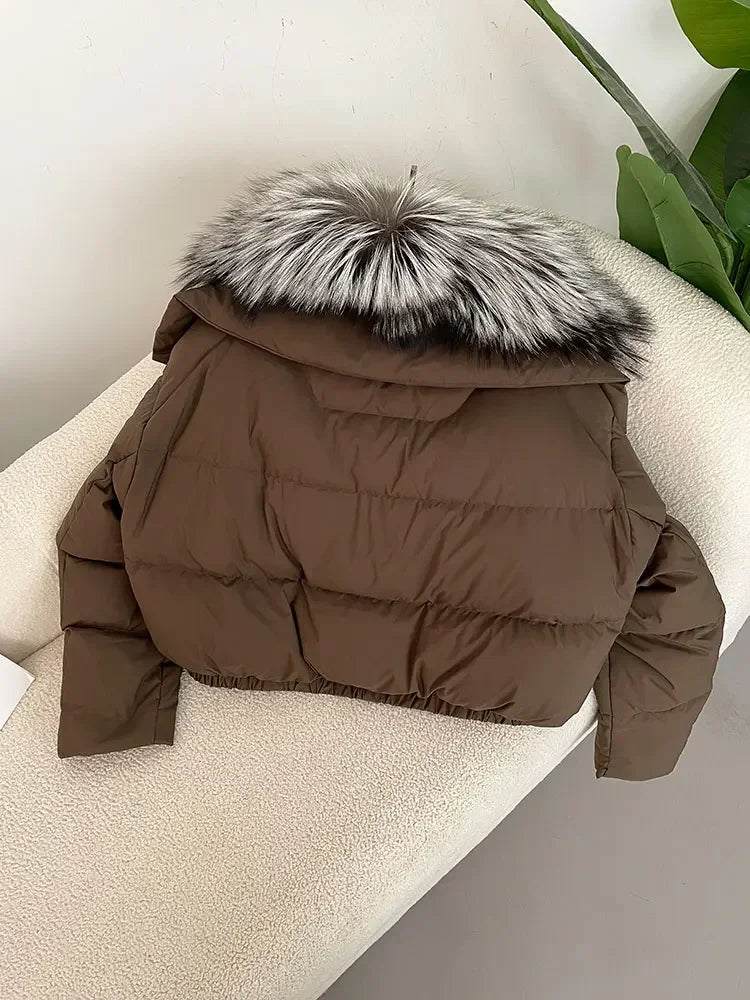 cropped duck down winter coat with real fox fur