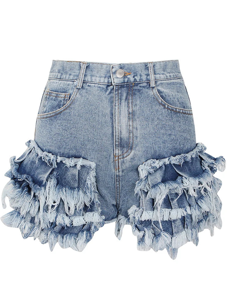 Solid Patchwork Folds Denim Short