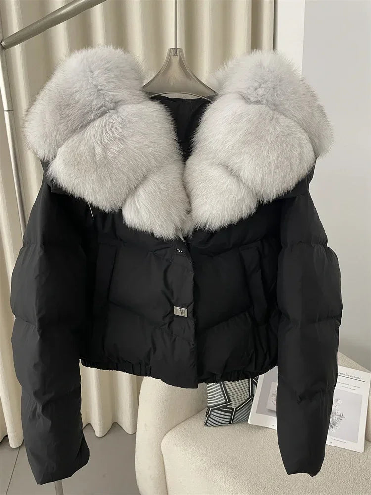 cropped duck down winter coat with real fox fur