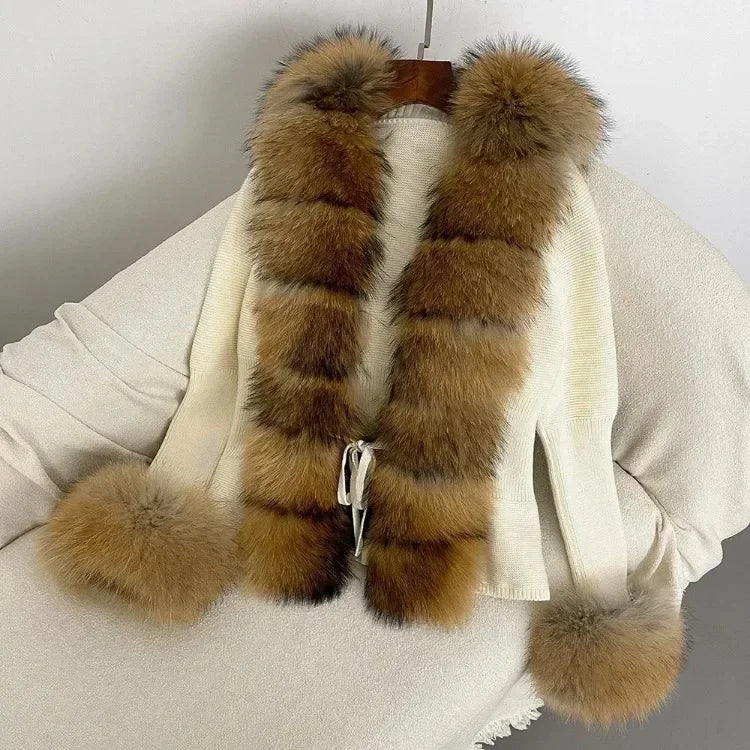 Real fox Fur Cardigan Detachable Collar