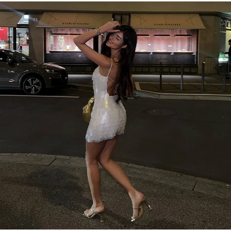 Spaghetti strap white beaded mini dress