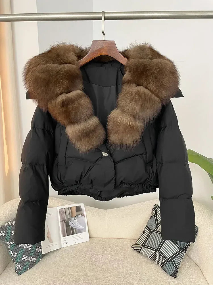 cropped duck down winter coat with real fox fur