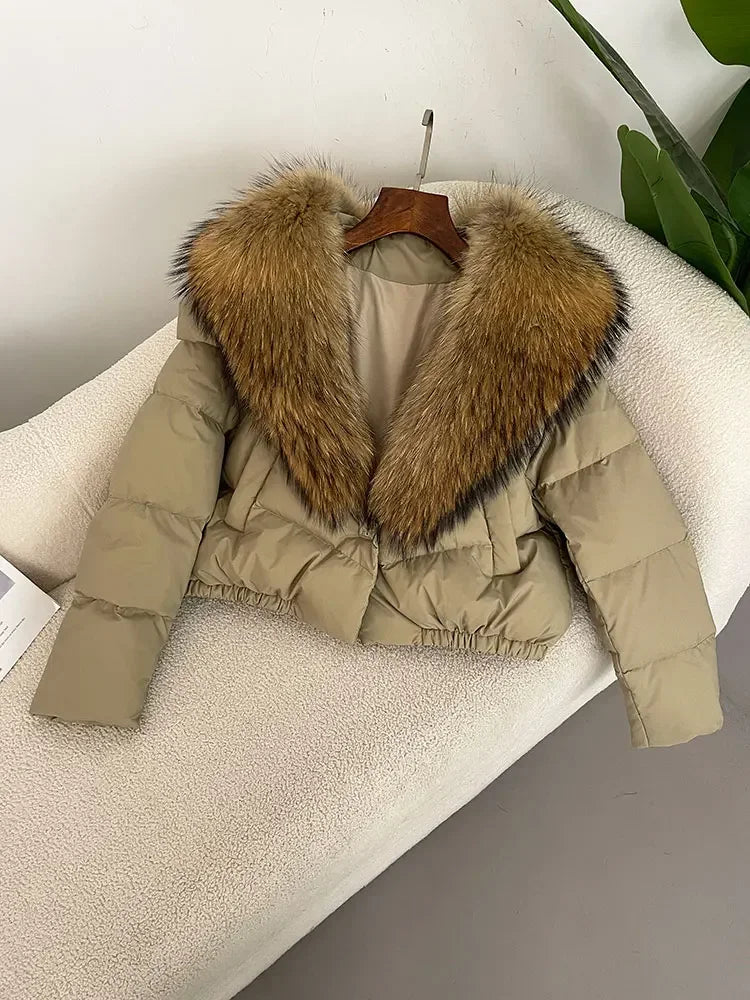 cropped duck down winter coat with real fox fur