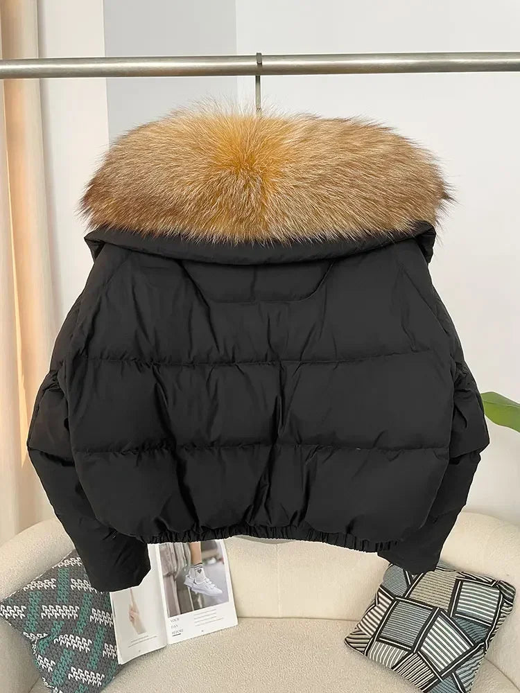 cropped duck down winter coat with real fox fur