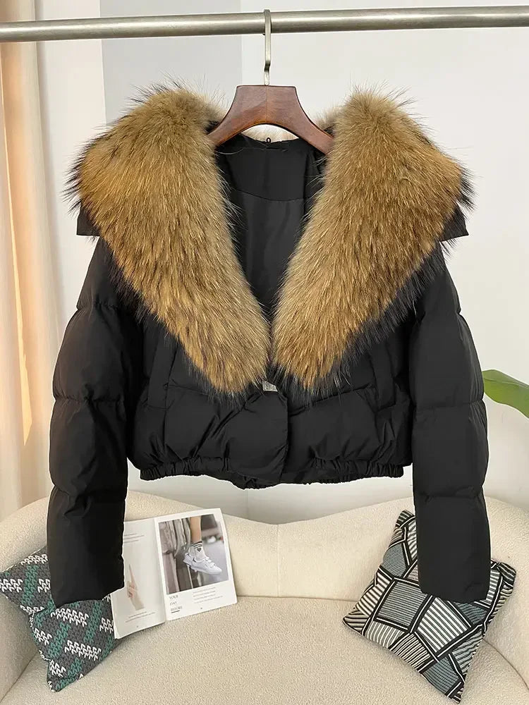 cropped duck down winter coat with real fox fur