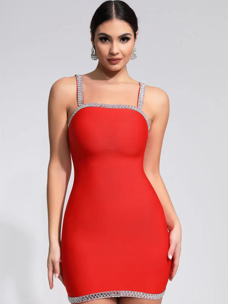 Luxury Red Crystal Mini Bandage Dress