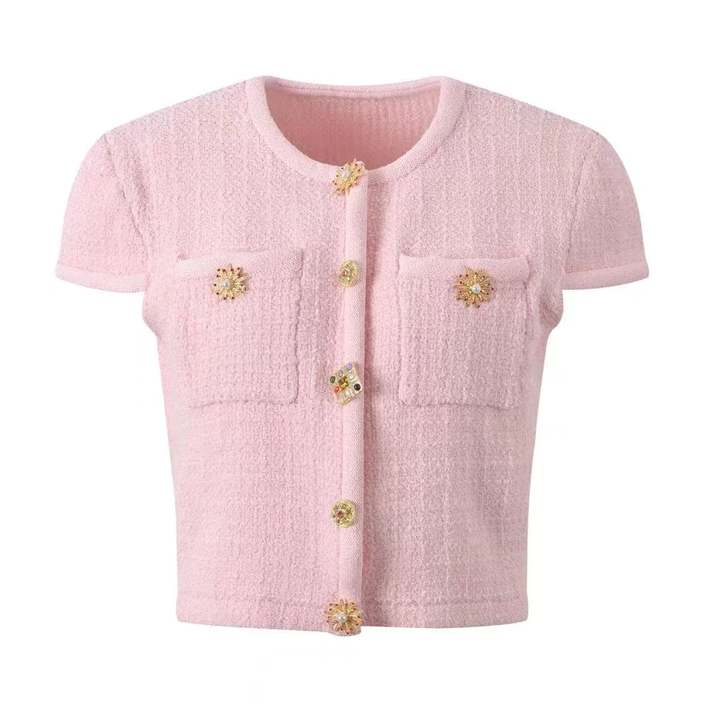 Pink Knitted Set Women Elegant Short Sleeve