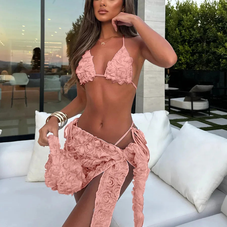 pink flower 3D bikini with sarong