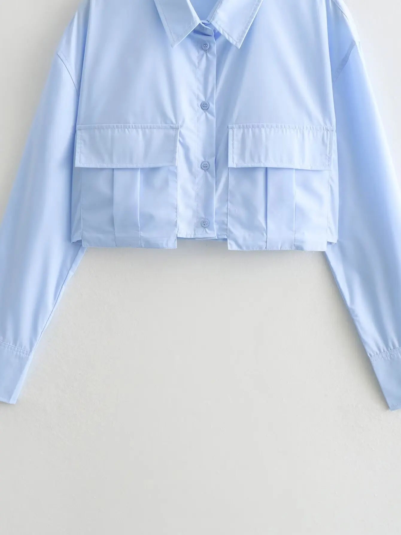 Women Solid White&blue Blouse Long Sleeve With Pocket