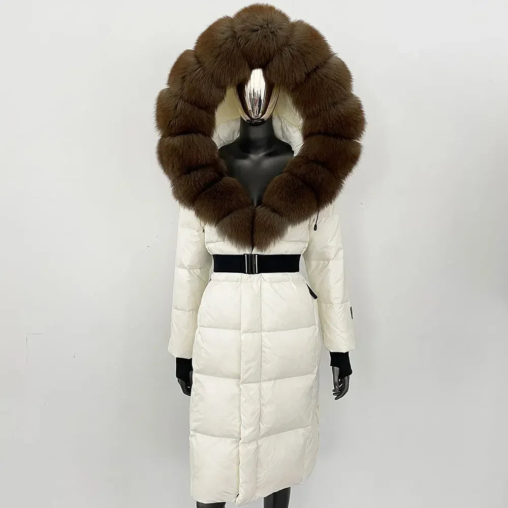 long coat with fox fur hood and belted waist