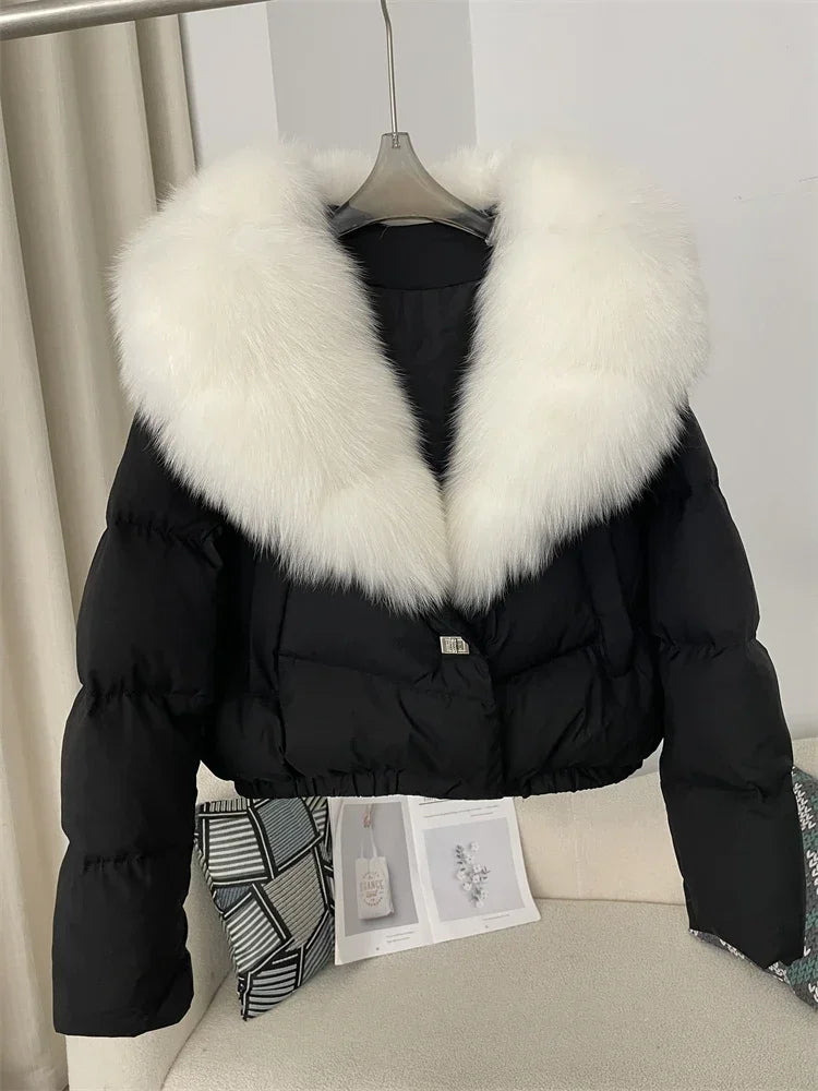 cropped duck down winter coat with real fox fur