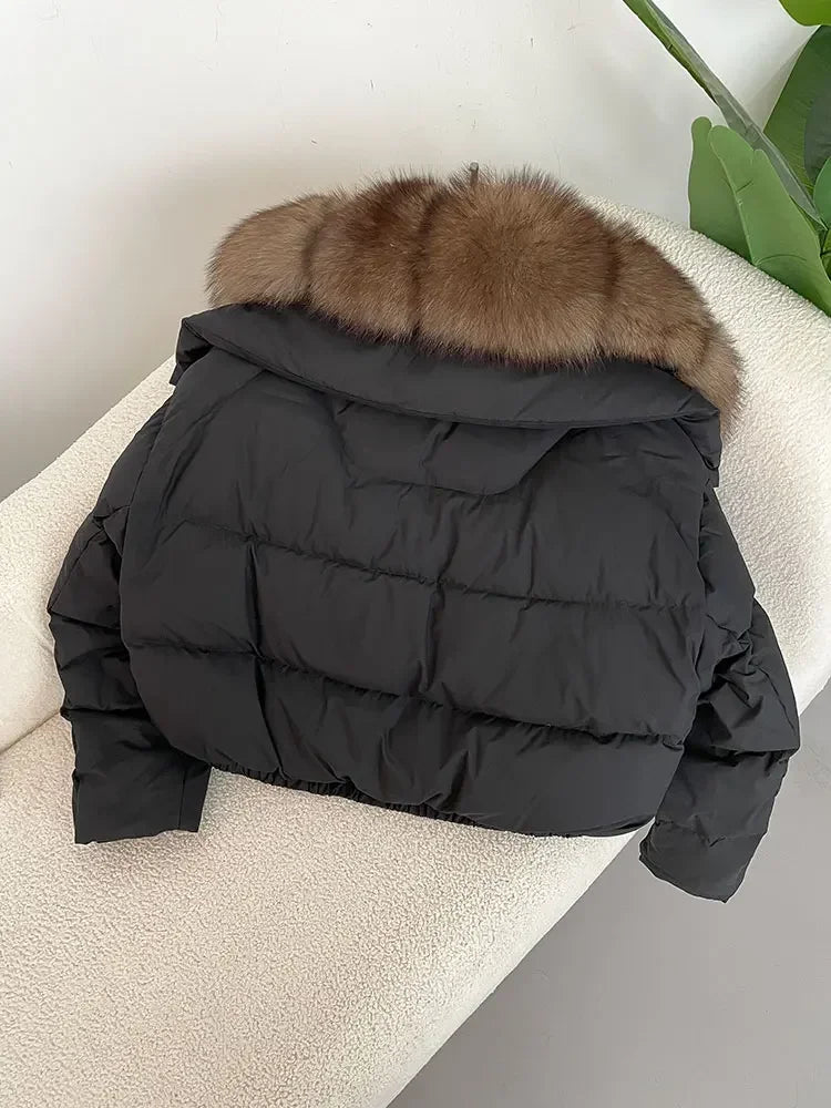 cropped duck down winter coat with real fox fur