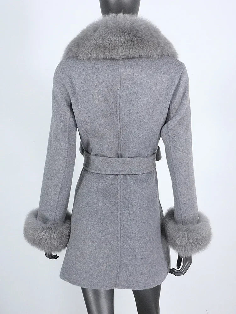 Long Winter Jacket Women Cuffs Belt Cashmere Real Fur Coat Natural Fox Fur Collar