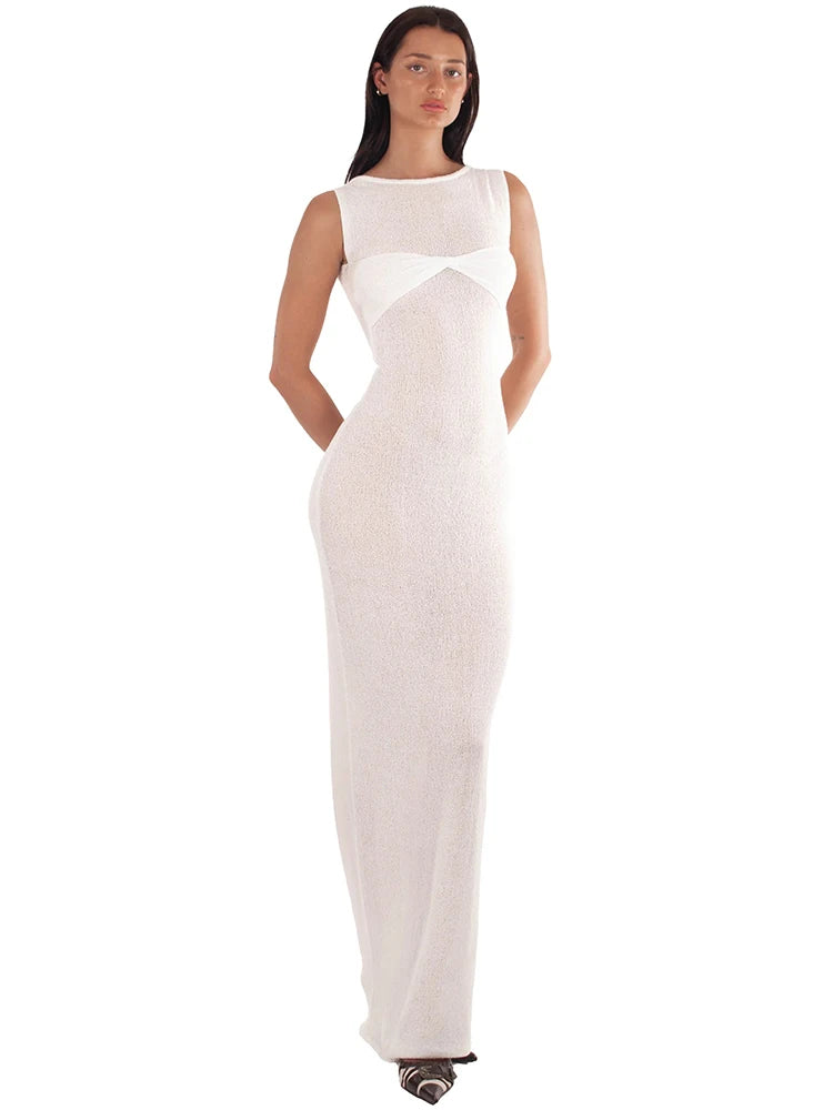 Knitted Round Neck Ruched Women Maxi Dress