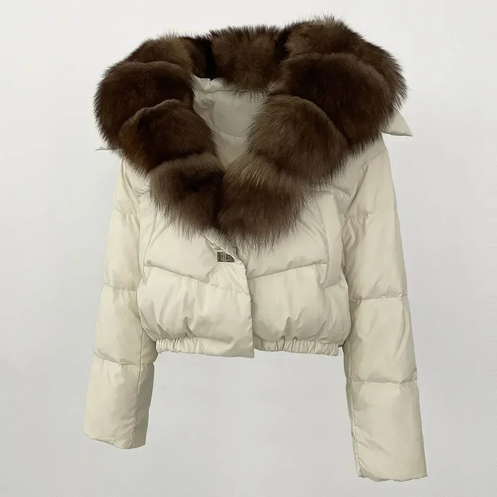 cropped duck down winter coat with real fox fur