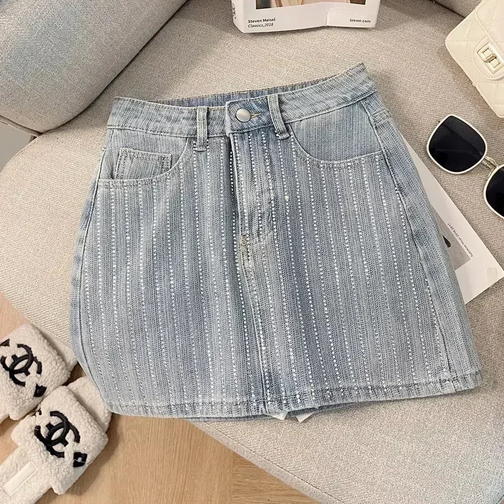 Rhinestone Denim Skirt Female