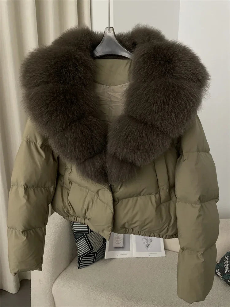 cropped duck down winter coat with real fox fur