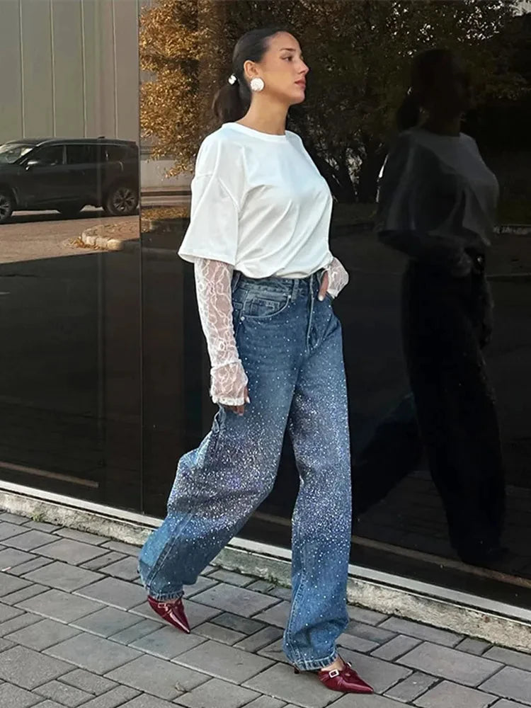 Rhinestone Wide Leg Lady Jeans