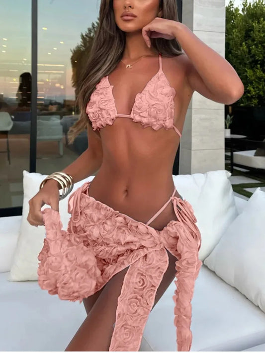 pink flower 3D bikini with sarong