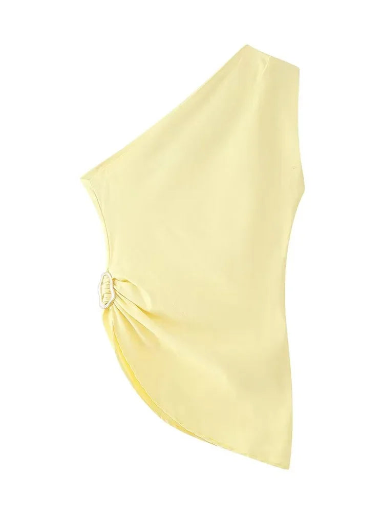 Yellow Pleated Bandage Asymmetrical Tops