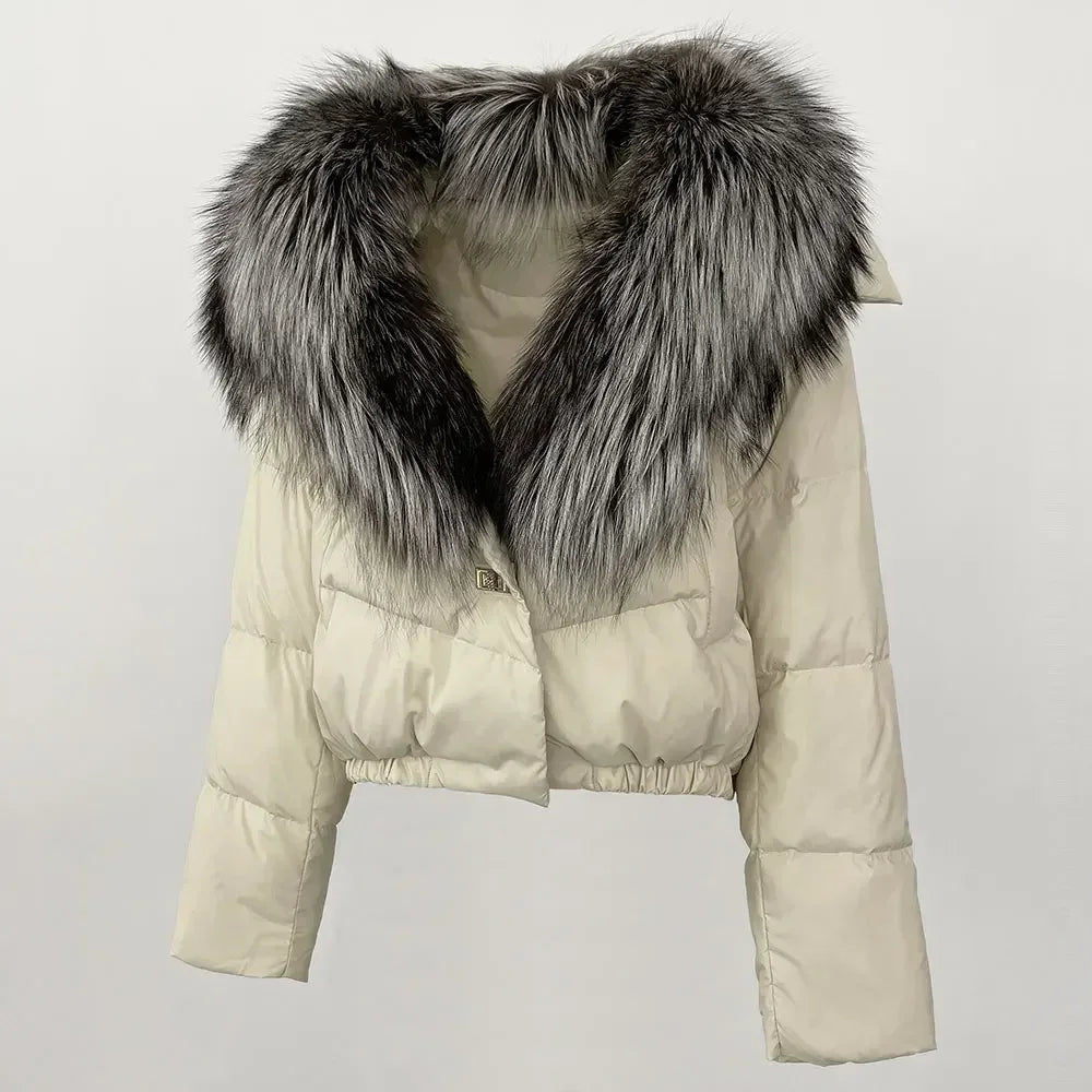 cropped duck down winter coat with real fox fur