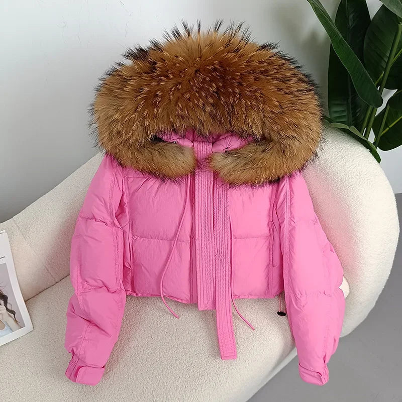 cropped Real Fox Fur and Raccoon Fur Collar detachable hood