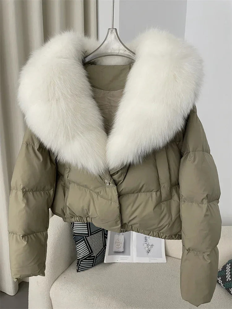 cropped duck down winter coat with real fox fur