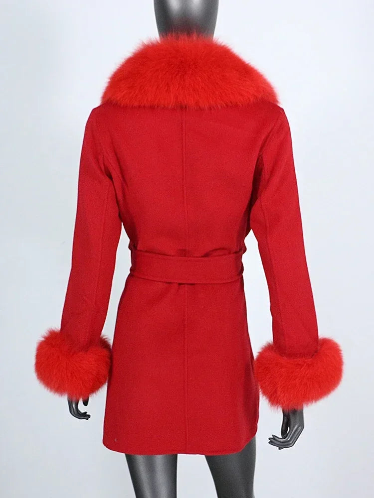 Long Winter Jacket Women Cuffs Belt Cashmere Real Fur Coat Natural Fox Fur Collar