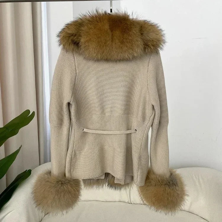 Real fox Fur Cardigan Detachable Collar